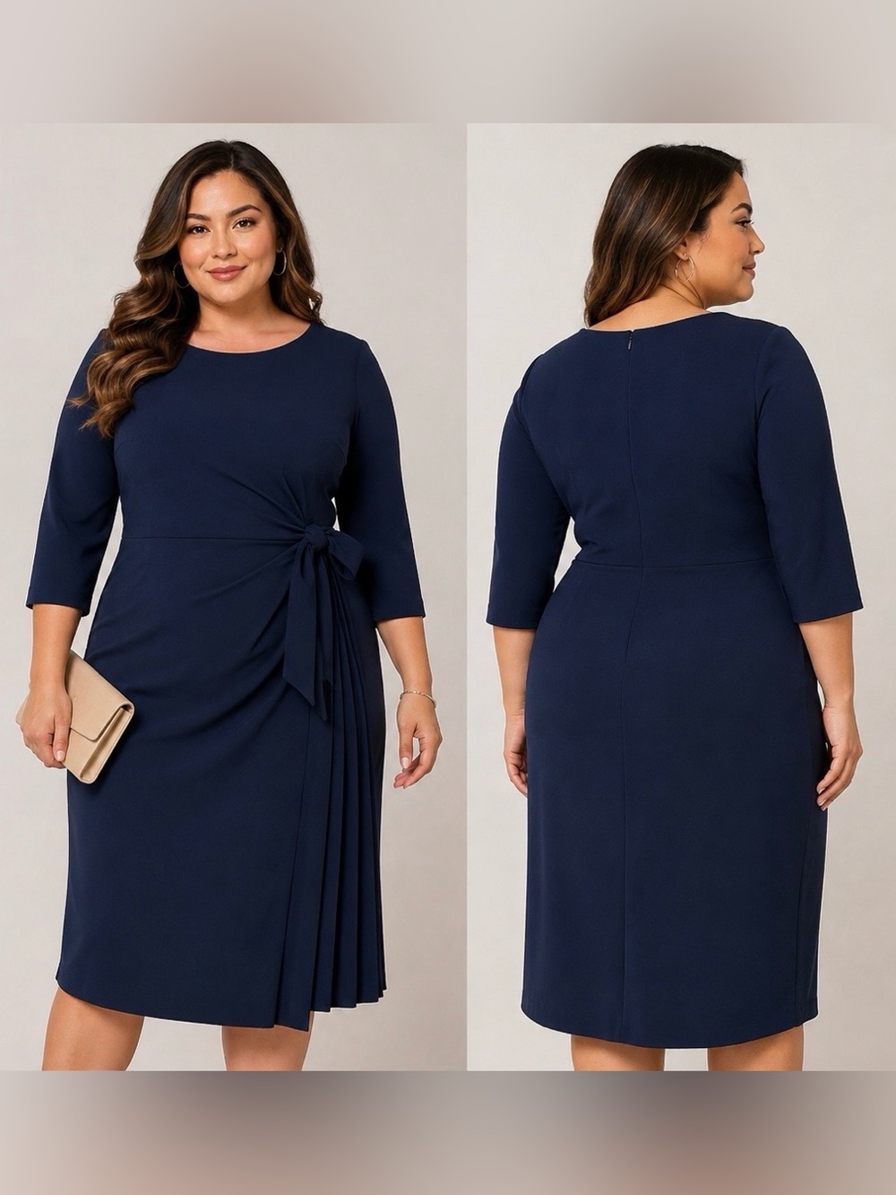 CALVIN KLEIN Plus Size 14 Navy Blue 3/4 Sleeve Pleated Midi Dress TIE WAIST